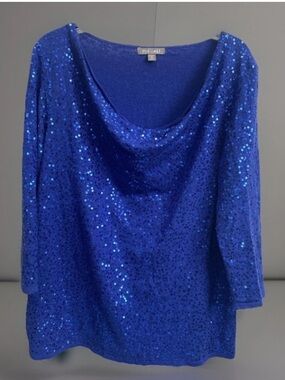 Roz & Ali Blue blouse with Sequins shimmer Cowl Drape 3/4 Sleeves Formal